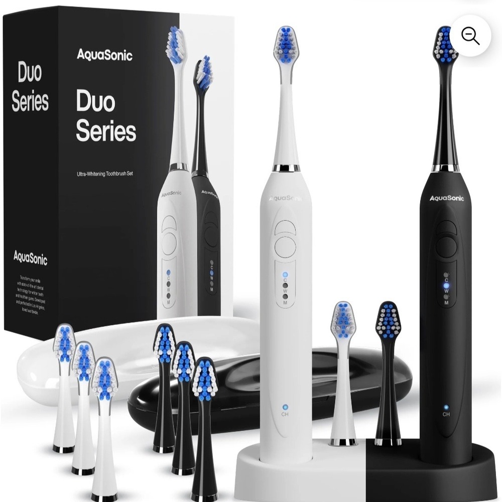 AquaSonic Duo Series Ultra Sonic Whitening Toothbrush Set Black White New